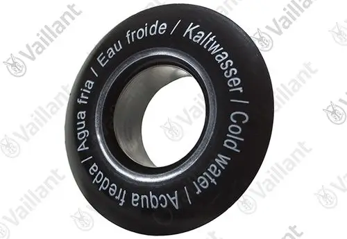 Vaillant-Rosette in Schwarz mit Beschriftung in mehreren Sprachen für kaltes Wasser. Runde Form mit zentralem Loch.